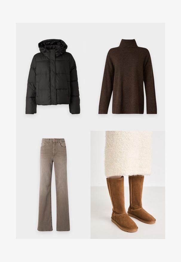 Črna puhovka s kapuco, zadrgo spredaj, prešito vzorec in elastičnimi manšetami. Narejena iz gladkega sintetičnega materiala.; Rjav pleteni pulover z visokim rebrastim ovratnikom, širokimi rokavi in mehkobno teksturo. Ima sproščen kroj in rebraste detajle na rokavih.; Rjavi visoki naramnice z ravnimi hlačnicami in sprednjim gumbom, z zanko za pas in klasičnim petim žepnim dizajnom na beli podlagi.; Gležnjarji iz rjave suede usnja, ki dosežejo do kolen, z gladko teksturo, ob strani z usnjenimi šivi ter gumijastim podplatom za boljši oprijem.
