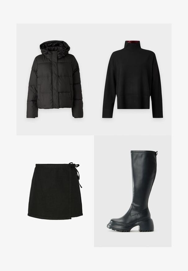 Crna puffer jakna s kapuljačom, zatvaranjem na zip, kviltanim uzorkom i elastičnim manžetama. Izrađena od glatkog sintetičkog materijala.; Crni džemper s rolkragnom, izrađen od mekanog pletiva. Ima rebrasti ovratnik i manžete, sa opuštenim krojem i skraćenom dužinom.; Crna pamukasta omotna suknja s vezanjem, ravnog kroja i rubom do sredine bedara. Odlikuje se glatkom teksturom i minimalističkim dizajnom.; Visoke crne kožne čizme s debelim platformskim đonom i blok petom, s patentom za povlačenje i teksturiranim uzorkom na potplatu.