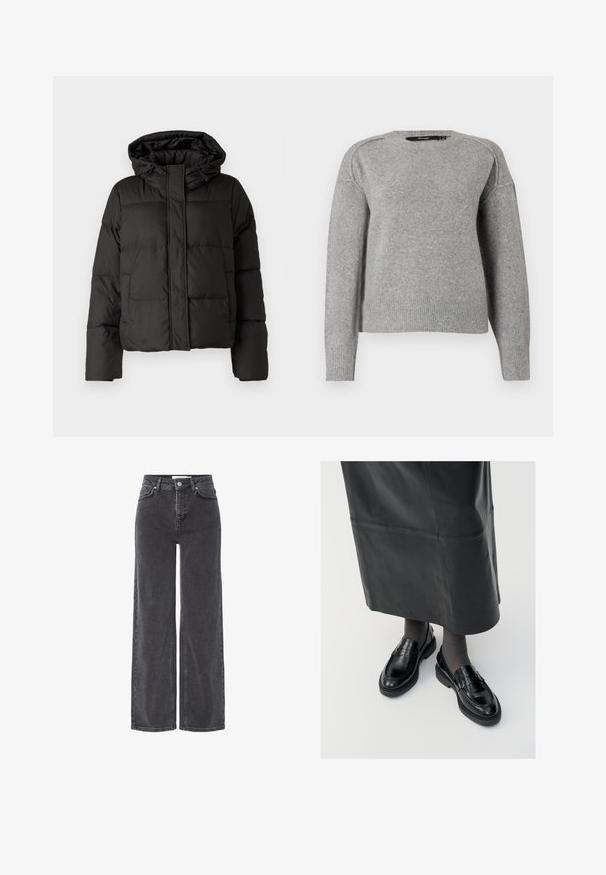 Geacă puffer neagră cu glugă, închidere cu fermoar în față, model matlasat și manșete elastice. Realizată din material sintetic neted.; Pulover gri deschis cu decolteu rotund, manșete și tiv cu model în relief și o textură moale. Prezintă umeri lăsați pentru o potrivire relaxată.; Jeans negre din denim cu talie înaltă și picioare largi, având închidere cu buton, bucle pentru curea și estompare subtilă pe material.; Loaferi negri din piele cu o finisare netedă, dotati cu o curea decorativă, vârf rotund și talpă texturată. Purtați cu o fustă lungă din piele neagră.