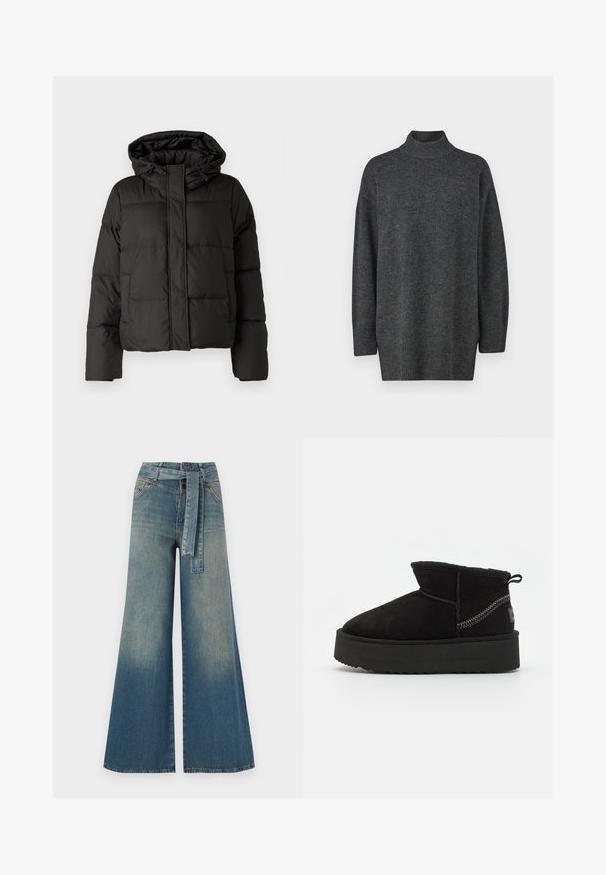 Black puffer jacket with a hood, zip front closure, quilted pattern, and elastic cuffs. Made from smooth synthetic material.; Dark gray, oversized turtleneck sweater made of soft knit material with long sleeves and ribbed hem; smooth texture, minimalistic design.; Wide-leg denim trousers featuring a light to dark blue gradient, high waist, belt loops, and a matching fabric belt. Textured denim finish.; Black suede ankle boots with a rounded toe, elastic side, and a thick black platform sole. Features visible stitching and a back pull tab.