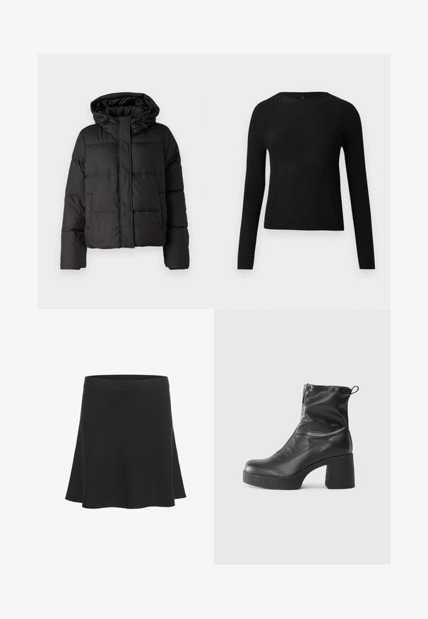Black puffer jacket with a hood, zip front closure, quilted pattern, and elastic cuffs. Made from smooth synthetic material.; Black ribbed long-sleeve fitted sweater with a round neckline, displayed against a plain light background.; Black flared mini skirt made of soft material with a smooth texture and a wide waistband. Features a simple design without patterns or accents.; Black ankle boots made of smooth leather, featuring a side zipper, chunky textured heel, and rounded toe design.