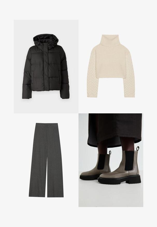 Fekete puffernadrág kapucnival, elöl cipzárral záródik, steppelt mintázattal és elasztikus mandzsettákkal rendelkezik. Simább szintetikus anyagból készült.; Tejkrémszínű, rövid fazonú pulóver magas nyakkivágással, struktúrált kötött testtel és halszálka mintázatú ujjal. Puha fonalból készült.; Charcoal szürke bordázott anyagú, bőszárú nadrág, magas derékkal és függőleges csíkokkal a textúra és részletgazdagság érdekében.; Szürke bokacsizmák texturált bőrből, elasztikus oldalpanellel és vastag fekete talppal. Könnyű felvételt biztosító húzófülek találhatók rajtuk.