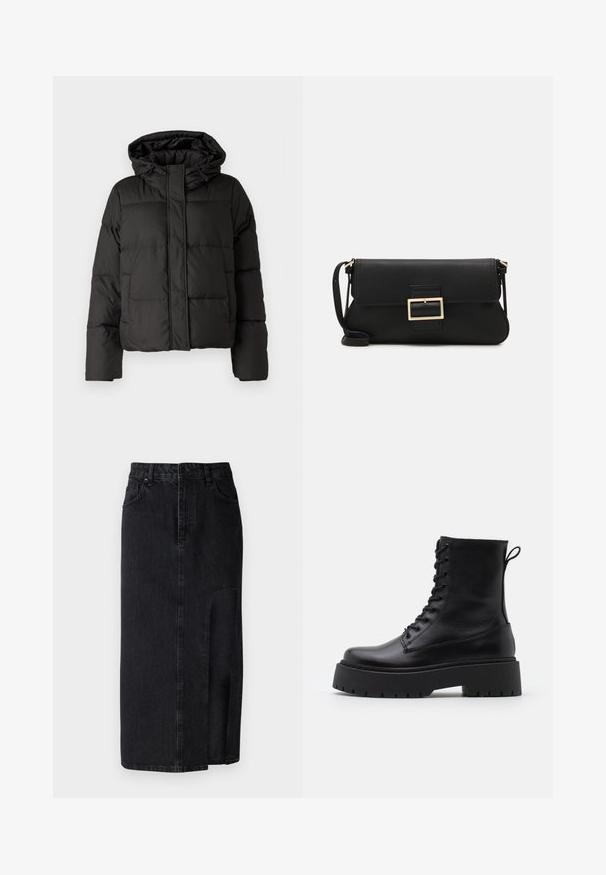 Musta puffatakki hupulla, vetoketjukiinnityksellä, tikattu kuvio ja elastiset hihansuut. Valmistettu sileästä synteettisestä materiaalista.; JDY JDYDINEA L/S REVERSIBLE - Neule - fern; Mekko mustasta denimistä, jossa on etuhalkio. Ominaisuuksiin kuuluvat normaali vyötärö, vyölenkit ja etutaskut. Hieno pinta ja suora leikkaus.; Musta nahkainen nilkkureita, joissa on pyöreä kärki, nauhakiinnitys edessä ja paksu kumipohja, jossa on teksturoitu pinta. Takana vetotappi.; Musta nahkainen kynäpenkkilaukku, jossa on läppä ja kultainen metallinen solkiyksityiskohta. Mukana musta hihna ja tyylikäs, minimalistinen muotoilu.