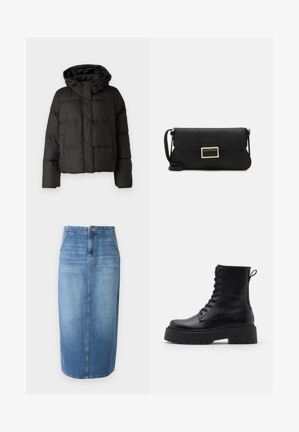 Melna pūkainā jaka ar kapuci, ar rāvējslēdzēju priekšpusei, ar izšūtu rakstu un elastīgām aprocēm. Izgatavota no gludas sintētiskas vielas.; JDY JDYDINEA L/S REVERSIBLE - Džemperis - fern; Gaiši zilā denima zīda svārki ar taisnu griezumu, priekšējo pogu aizdari un diskreto izbalējušu efektu. Malu garums ir nedaudz virs ceļgaliem.; Melni ādas potītēm zābaki ar apļveida purngalu, auklām priekšpusē un biezu gumijas zoli ar teksturētu protektoru. Velkšanas cilpa aizmugurē.; Melnas ādas saķeres soma ar atloku un zelta metāla sprādzi. Ietver melnu siksnu un elegantu, minimālistisku dizainu.