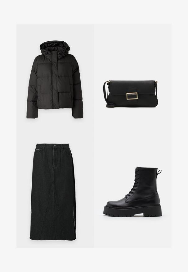 Sort pufferjakke med hætte, lynlås foran, quiltet mønster og elastiske manchetter. Fremstillet af glat syntetisk materiale.; JDY JDYDINEA L/S REVERSIBLE - Striktrøje - fern; Sort denimnederdel med høj talje, lige snit og unikke skrå sømme. Har sideslids og knaplukning i taljen.; Sorte læder ankelstøvler med rund tå, snørebånd foran og en tyk gummisål med struktureret slidbane. Hæfteløkke bagpå.; Sort læder clutchtaske med klap og detaljer i guldmetallisk spænde. Inkluderer en sort rem og et slankt, minimalistisk design.