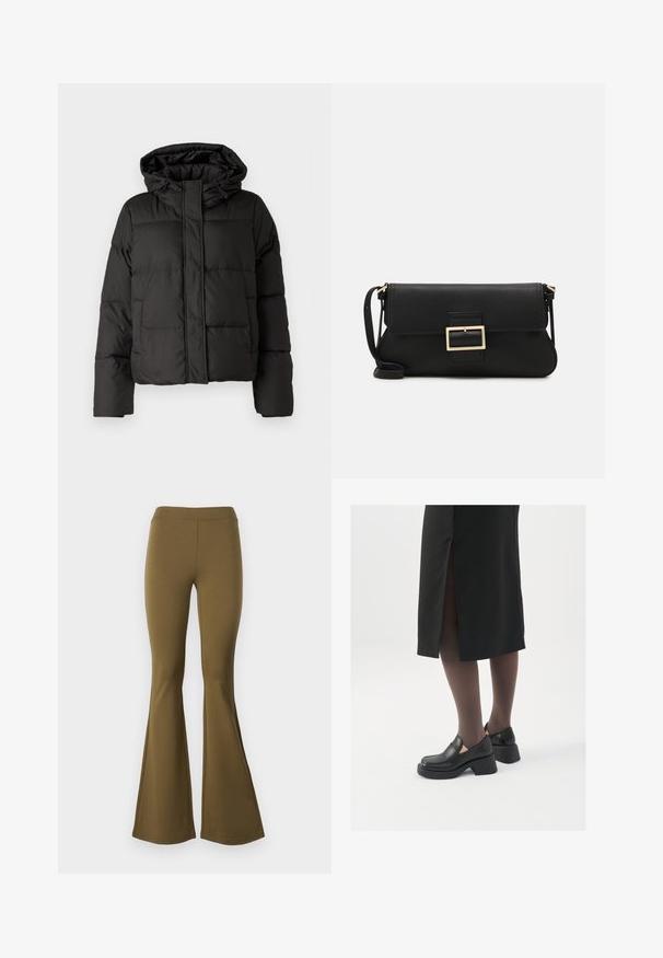 Fekete puffernadrág kapucnival, elöl cipzárral záródik, steppelt mintázattal és elasztikus mandzsettákkal rendelkezik. Simább szintetikus anyagból készült.; JDY JDYDINEA REVERSIBLE - Pulóver - fern; Olajzöld, magas derekú, trapéz szabású nadrág. Rugalmas anyagból készült, sima textúrával és széles harangszabással a térdtől lefelé.; Fekete bőr cipők lekerekített orral, vastag blokk sarkakkal és elasztikus oldalsó díszítésekkel, sötét harisnyával és hasítékkal ellátott fekete szoknyával párosítva.; Fekete bőr kézitáska hajtóka részlettel és aranyszínű fém csattal. Tartalmaz egy fekete pántot és egy letisztult, minimális dizájnt.