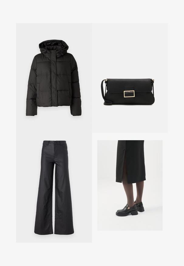 Črna puhovka s kapuco, zadrgo spredaj, prešito vzorec in elastičnimi manšetami. Narejena iz gladkega sintetičnega materiala.; JDY JDYDINEA REVERSIBLE - Pulover - fern; Črne, širokoglede hlače iz umetnega usnja. Imajo visok pas, zanke za pas, dva sprednja žepa in šivano detajliranje.; Črne usnjene čevlje s zaobljenim prstom, debelim blokastim petama in elastičnimi stranskimi detajli, v kombinaciji s temno nogavicami in črno krilo z razporkom.; Črna usnjena torbica na preklop z zlato kovinsko zaponko. Vključuje črn trak in eleganten, minimalističen dizajn.