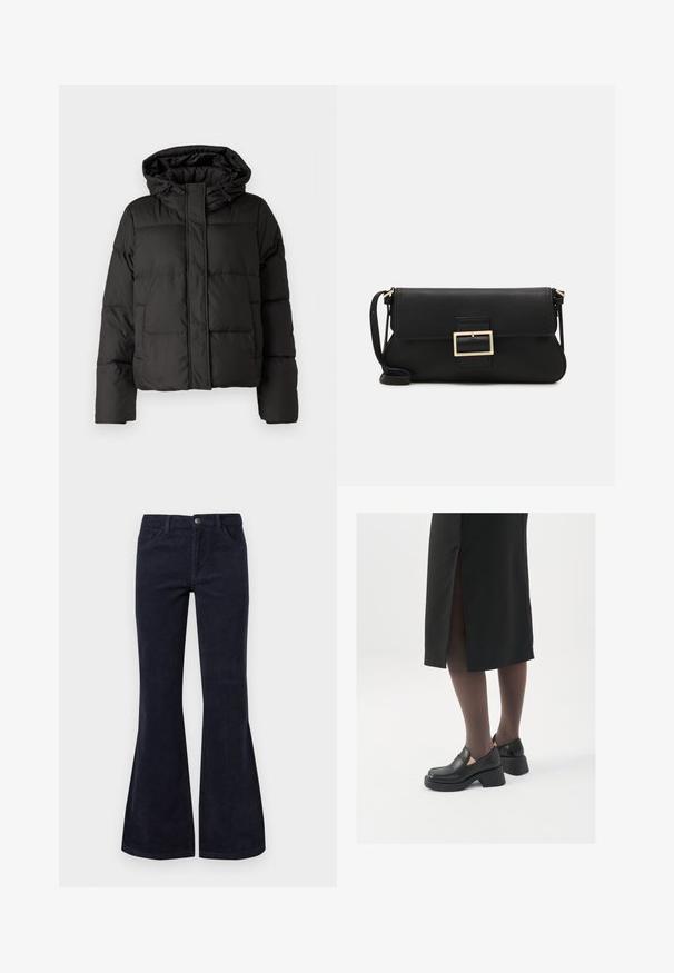 Črna puhovka s kapuco, zadrgo spredaj, prešito vzorec in elastičnimi manšetami. Narejena iz gladkega sintetičnega materiala.; JDY JDYDINEA REVERSIBLE - Pulover - fern; Zvonaste temno modre kordne hlače imajo visok pas, pet žepov in gumbasto zapiranje, poleg tega pa se ponašajo z mehkobo in rebrasto površinsko strukturo.; Črne usnjene čevlje s zaobljenim prstom, debelim blokastim petama in elastičnimi stranskimi detajli, v kombinaciji s temno nogavicami in črno krilo z razporkom.; Črna usnjena torbica na preklop z zlato kovinsko zaponko. Vključuje črn trak in eleganten, minimalističen dizajn.