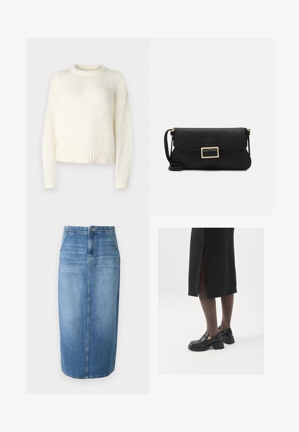 Čierna prešívaná bunda s kapucňou, so zipsom vpredu, prešívaným vzorom a elastickými manžetami. Vyrobená z hladkého syntetického materiálu.; Ľahký, pletený krémový sveter s dlhými rukávmi, okrúhlym výstrihom a rebrovaným lemom. Textúrovaná látka s voľným, uvoľneným strihom.; Džínová ceruzková sukňa v svetlomodrej farbe s rovnými líniami, predným zapínaním na gombíky a jemným vyblednutím. Spodok sukne je tesne nad kolenami.; Čierne kožené topánky s okrúhlou špičkou, silným blokovým opätkom a elastickými bočnými akcentmi, skombinované s tmavými pančuchami a čiernou sukňou so štiepením.; Čierna kožená clutch taška s klopou a zlatým kovovým detailom s prackou. Obsahuje čierny remienok a elegantný, minimalistický dizajn.