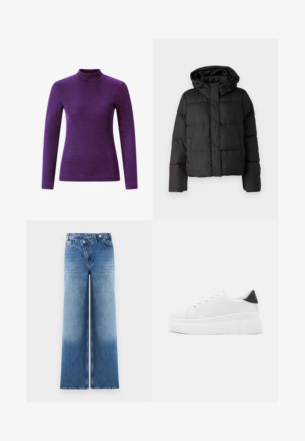 Fekete puffernadrág kapucnival, elöl cipzárral záródik, steppelt mintázattal és elasztikus mandzsettákkal rendelkezik. Simább szintetikus anyagból készült.; Lila, hosszú ujjú, garbós felső, texturált, fényes anyagból készült, testhezálló fazonnal és magas nyakkivágással.; Világoskék, bő szárú farmernadrág, elhalványodott mosással, klasszikus öt zsebes kivitelben, fémből készült gombokkal a deréknál.; Fehér platform sportcipők sima szintetikus anyagból, lekerekített orral, fűzős kialakítással és texturált gumitalppal. Fekete sarokdísz.