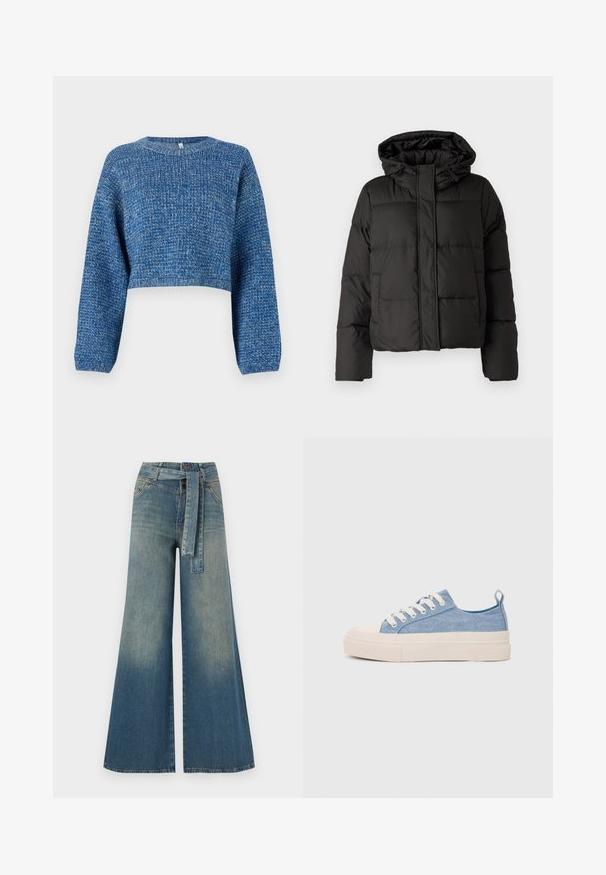 Must musterk jacket, millede, tõmbluku ees sulgemine, tikandmuster ja elastsed mansetid. Valmistatud siledast sünteetilisest materjalist.; Lühendatud sinine sviiter, mis on valmistatud tekstureeritud kudumiskangast. Omab pikki varrukaid ja ümarat kaelust. Ühtlane värv koos peente variatsioonidega.; Laiad denimpüksid, millel on hele tume sinine gradiendiefekt, kõrge vöökoht, vöökumlid ja sobivast kangast vöö. Struktureeritud denimi viimistlus.; Heledad sinised kangast tennisekingad koorevärvi kummist varbakatte ja taldaga, millel on valged paelad ja tõmblukk kandadel.