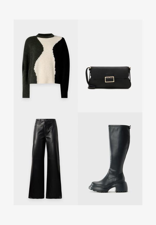 Fekete puffernadrág kapucnival, elöl cipzárral záródik, steppelt mintázattal és elasztikus mandzsettákkal rendelkezik. Simább szintetikus anyagból készült.; Kötött pulóver színblokkolt dizájnnal fekete, sötétzöld és krémszínű kombinációban. Kerek nyakú, bordázott aljjal. Puha tapintású, laza szabású.; Fekete, magas derekú, széles lábú, műbőr nadrág elülső gombbal, cipzárral, övbújtatókkal és oldalsó zsebekkel, fehér háttérrel.; Magas fekete bőrcipő, vastag platform talppal és blokk sarokkal, húzófüllel és texturált profillal az outsole-on.; Fekete bőr kézitáska hajtóka részlettel és aranyszínű fém csattal. Tartalmaz egy fekete pántot és egy letisztult, minimális dizájnt.