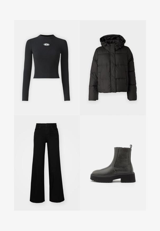 Casaco puffer preto com capuz, fecho frontal com zip e padrão acolchoado, com punhos elásticos. Feito de material sintético liso.; Top preto de malha com mangas longas, com um silhueta ajustada e um decote arredondado. Apresenta um acabamento central em metal prateado.; Calças largas pretas em denim, com uma cintura estruturada, passantes para cinto e bolsos frontais. Textura suave com um design clássico.; Botas de tornozelo pretas com um cabedal sintético liso, painéis laterais elásticos, uma alça de puxar e uma sola de borracha grossa.