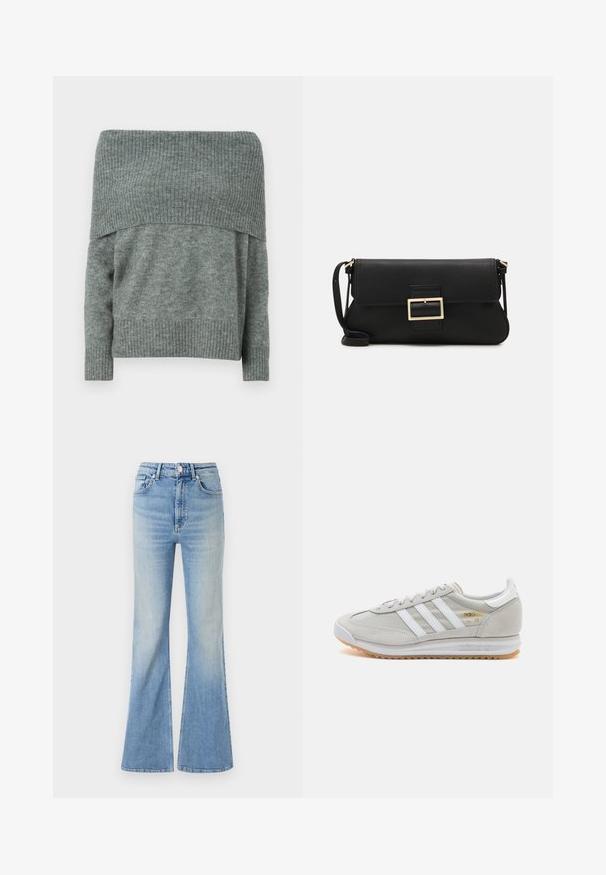 Fekete puffernadrág kapucnival, elöl cipzárral záródik, steppelt mintázattal és elasztikus mandzsettákkal rendelkezik. Simább szintetikus anyagból készült.; Vállról lelógó, heather szürke kötött pulóver, bordázott textúrával a nyakrésznél és a mandzsettánál, laza fazonnal és hosszú ujjakkal.; Világoskék, bő szabású farmernadrág, magas derekú, öt zsebes dizájnnal, amelynek alja fokozatos elhalványulással rendelkezik.; Világosszürke sportcipő velúr és hálós anyagból, három fehér csíkkal, kerek orral és gumi talppal. Arany logó dísz a fűzők közelében.; Fekete bőr kézitáska hajtóka részlettel és aranyszínű fém csattal. Tartalmaz egy fekete pántot és egy letisztult, minimális dizájnt.