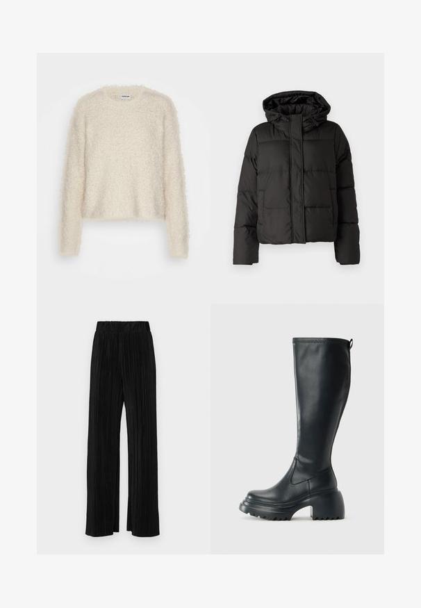 Crna puffer jakna s kapuljačom, zatvaranjem na zip, kviltanim uzorkom i elastičnim manžetama. Izrađena od glatkog sintetičkog materijala.; Dlaženi kremasti pulover s teksturiranim pletenjem, dugim rukavima i okruglim izrezom. Kratki dizajn i širok kroj za udobnost.; Crne plisirane hlače s elastičnim pojasom. Imaju široke nogavice i glatku, teksturiranu tkaninu s vertikalnim prugama.; Visoke crne kožne čizme s debelim platformskim đonom i blok petom, s patentom za povlačenje i teksturiranim uzorkom na potplatu.