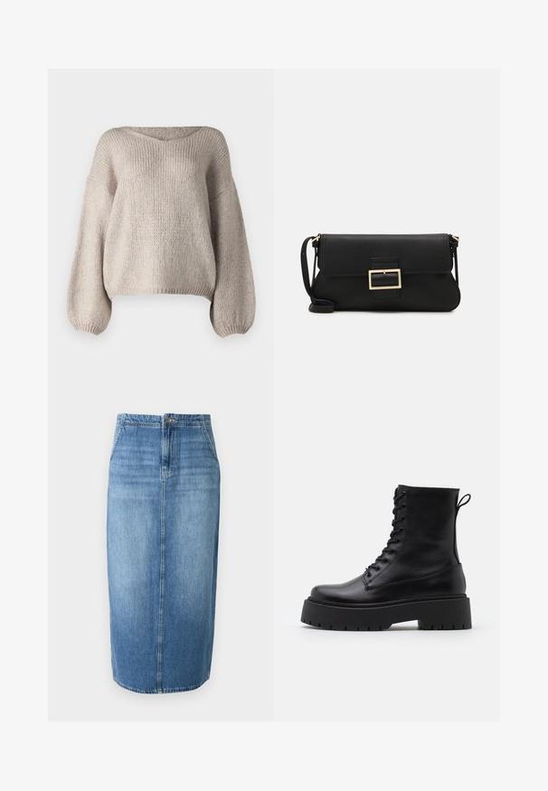 Geacă puffer neagră cu glugă, închidere cu fermoar în față, model matlasat și manșete elastice. Realizată din material sintetic neted.; Pulover tricotat bej cu un decolteu în V larg, mâneci lungi tip balon și un hem croppat. Textura este groasă și moale, având un design simplu.; Fustă tip creion din denim, de culoare albastru deschis, cu un croi drept, închidere cu nasturi în față și estompare subtilă. Linia tivului este ușor deasupra genunchiului.; Botine din piele neagră, până la gleznă, cu vârful rotund, șireturi în față și o talpă groasă din cauciuc cu un model texturat. Fâșie de tragere la spate.; Geantă de mână din piele neagră, cu clapetă și un detaliu din metal auriu. Include o curea neagră și un design elegant, minimalist.