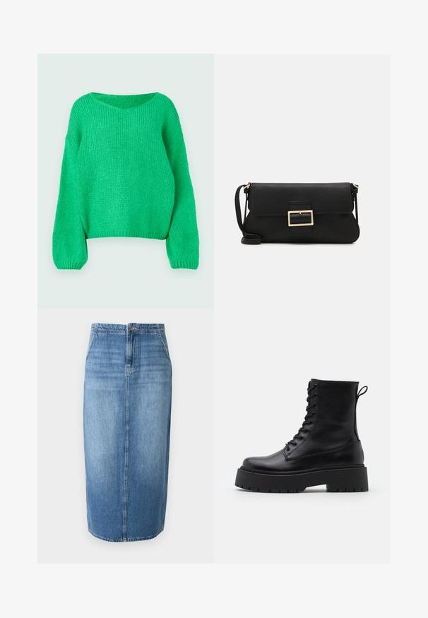Geacă puffer neagră cu glugă, închidere cu fermoar în față, model matlasat și manșete elastice. Realizată din material sintetic neted.; Pulover verde tricotat, cu o croială lejeră, decolteu larg și mâneci lungi. Textura este rib knit, prezentând un model de cusătură groasă.; Fustă tip creion din denim, de culoare albastru deschis, cu un croi drept, închidere cu nasturi în față și estompare subtilă. Linia tivului este ușor deasupra genunchiului.; Botine din piele neagră, până la gleznă, cu vârful rotund, șireturi în față și o talpă groasă din cauciuc cu un model texturat. Fâșie de tragere la spate.; Geantă de mână din piele neagră, cu clapetă și un detaliu din metal auriu. Include o curea neagră și un design elegant, minimalist.