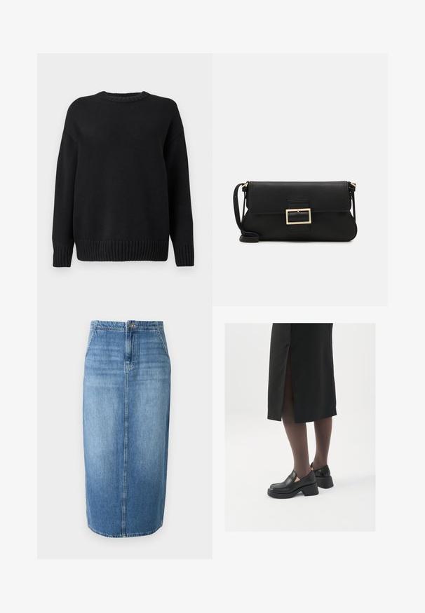 Musta puffatakki hupulla, vetoketjukiinnityksellä, tikattu kuvio ja elastiset hihansuut. Valmistettu sileästä synteettisestä materiaalista.; Musta pitkähihaisen neulepullon, jossa on ribbireunus pääntiellä, hihoissa ja helmassa, esiteltynä yksinkertaisella valkoisella taustalla.; Vaaleansininen farkuhame, joka on suorassa leikkauksessa, etupainonappikiinnitys ja hienovarainen haalistuminen. Helma on hieman polven yläpuolella.; Mustat nahkakengät pyöreällä kärjellä, paksulla lohkopohjalla ja joustavilla sivuakkesseilla, yhdistettynä tummiin sukkahousuihin ja mustaan hameeseen, jossa on halkio.; Musta nahkainen kynäpenkkilaukku, jossa on läppä ja kultainen metallinen solkiyksityiskohta. Mukana musta hihna ja tyylikäs, minimalistinen muotoilu.