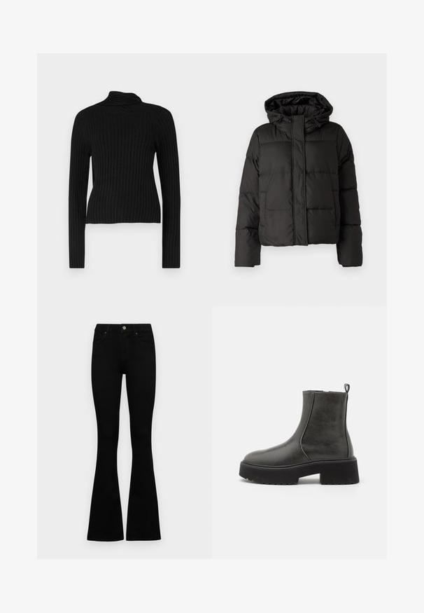 Črna puhovka s kapuco, zadrgo spredaj, prešito vzorec in elastičnimi manšetami. Narejena iz gladkega sintetičnega materiala.; Črn rebrast pulover s turtleneck ovratnikom in dolgimi rokavi, ki ima prilegajoč kroj. Ponaša se s teksturirano tkanino in mehkim, raztegljivim materialom.; Črne visokotopne kavbojke z gumbom in zadrgo, sprednjimi žepi in razširjenimi hlačnicami, poleg bel background.; Črne gležnjarje s gladkim sintetičnim zgornjim delom, elastičnimi stranskimi paneli, zanka za poteg in debelim gumijastim podplatom.