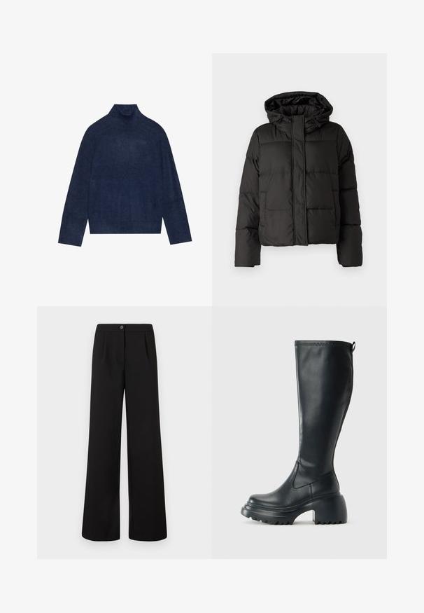 Schwarze Daunenjacke mit Kapuze, Reißverschluss auf der Vorderseite, gestepptem Muster und elastischen Bündchen. Hergestellt aus glattem Synthetikmaterial.; Navyfarbener Rollkragenpullover mit Rippdetails am Kragen und an den Bündchen, gefertigt aus einem weichen, strukturierten Strickstoff mit einer lässigen Silhouette.; Schwarze hohe Weite Hosen mit vorderem Knopf- und Reißverschluss, die subtile Falten unterhalb des Bundes aufweisen.; Hoher schwarzer Lederstiefel mit einer robusten Plateausohle und Blockabsatz, der über eine Zuglasche und ein strukturiertes Profil an der Außensohle verfügt.