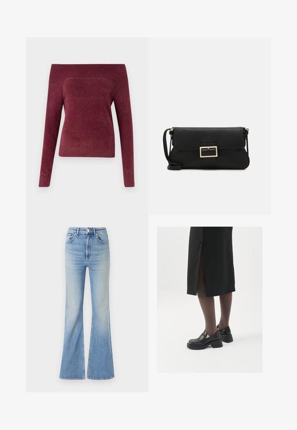 Must musterk jacket, millede, tõmbluku ees sulgemine, tikandmuster ja elastsed mansetid. Valmistatud siledast sünteetilisest materjalist.; Burgundia õlgadele langev kudum pehmest, tekstuuriga kangast; sobiv süntaks ühe pika varruka ja laia soonikkoes kaelusega.; Heledad sinine flared teksapüksid, millel on kõrge vöökoht, viie tasku disain ja peen gradiseeruv hägusus alates hemist.; Mustad mustad jalatsid ümmarguse varbaga, paksu plokkniidi ja elastsete külgdetailidega, kombineeritud tumedate sukkade ja musta lõhikuga seelikuga.; Must haben musta nahkklahviga kott, millel on klapp ja kuldne metallist pandla detail. Kaasas must rihm ja stiilne, minimalistlik disain.