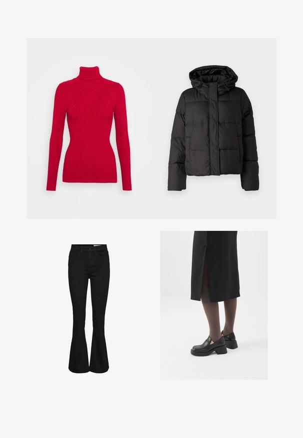 Svart pufferjakke med hette, glidelås foran, quiltet mønster og elastiske ermer. Laget av glatt syntetisk materiale.; Rød ribbestrikket poloskjorte med lange ermer, teksturert stoff, tettsittende silhuett og høy krage. Ingen synlige utsmykninger.; Svarte høytalende jeans med utsvingte ben, frontknapp og glidelås, to frontlommer og beltestropper.; Sorte lærersko med rund tå, tykk blokkheel og elastiske sideaksenter, sammen med mørke strømpebukser og et svart skjørt med splitt.