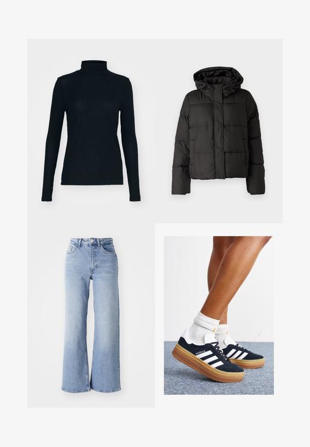 Must musterk jacket, millede, tõmbluku ees sulgemine, tikandmuster ja elastsed mansetid. Valmistatud siledast sünteetilisest materjalist.; Must turtleneck top, pikkade varrukatega, valmistatud ribakudumist, sobiva lõikega ja kõrge kaelusega. Sile tekstuur kerge läikega.; Heledsinine kõrge vöökoht ja laiad sääred teksad, millel on ees- ja taga-taskud, nööbiga kinnitamine ning kerge kulumine reitel ja ääres.; Mustad seemisnahast tossud valgete triipude ja detailidega, ümarate varbassosadega, kummist välistallaga, paaritatud valgete soonikuliste meessokkidega.