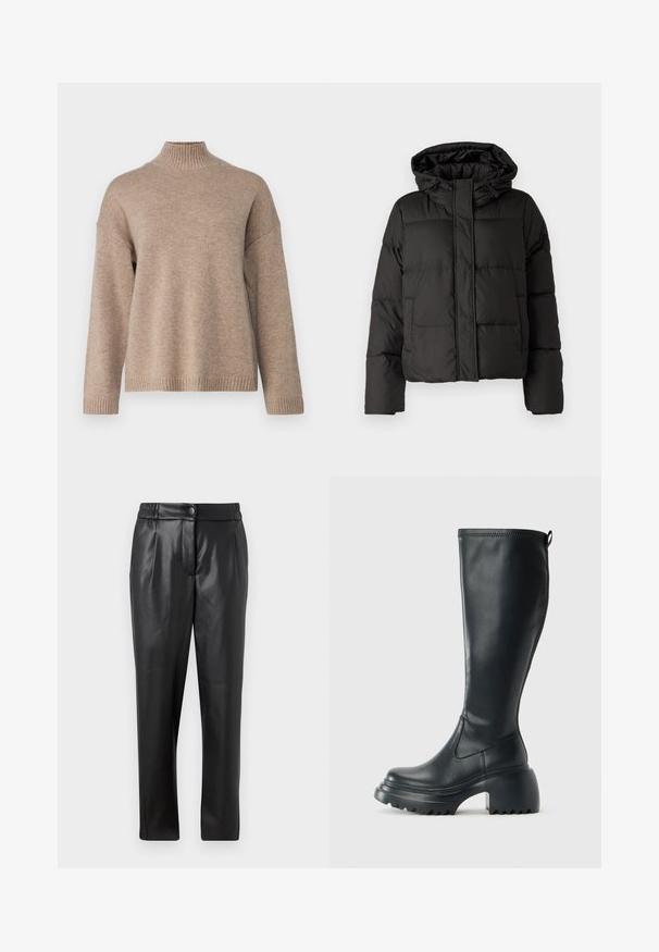 Musta puffatakki hupulla, vetoketjukiinnityksellä, tikattu kuvio ja elastiset hihansuut. Valmistettu sileästä synteettisestä materiaalista.; Selected Femme SLFCILLE - Neule - irish cream/melange; Mustat nahkahousut, joissa on sileä pinta, suora leikkaus, joustava vyötärö ja etupainike; poimutettu yksityiskohta ja suppilomaiset lahkeet.; Korkeat mustat nahkakengät, joissa on paksu pohja ja lohkare korko, varustettuna vetonauhalla ja tekstuurilla ulkopohjassa.
