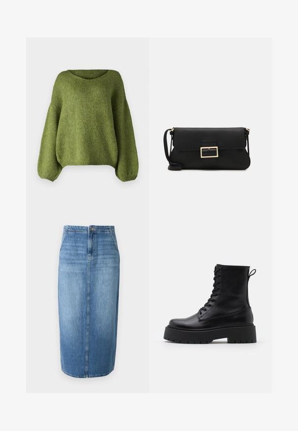 Schwarze Daunenjacke mit Kapuze, Reißverschluss auf der Vorderseite, gestepptem Muster und elastischen Bündchen. Hergestellt aus glattem Synthetikmaterial.; JDY JDYDINEA L/S REVERSIBLE - Strickpullover - fern; Jeans-Bleistiftrock in Hellblau mit geradem Schnitt, vorderem Knopfverschluss und subtiler Verwaschung. Der Saum endet knapp über dem Knie.; Schwarze Lederstiefeletten mit runder Zehenpartie, Schnürung vorne und einer dicken Gummisohle mit strukturiertem Profil. Mit Zugschlaufe an der Rückseite.; Schwarze Leder-Clutch mit Klappe und goldfarbenem Metallschnallen-Detail. Enthält einen schwarzen Riemen und ein schlankes, minimalistisches Design.