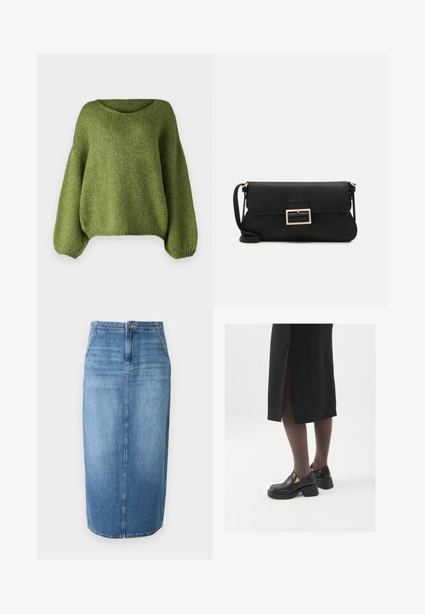 Fekete puffernadrág kapucnival, elöl cipzárral záródik, steppelt mintázattal és elasztikus mandzsettákkal rendelkezik. Simább szintetikus anyagból készült.; JDY JDYDINEA REVERSIBLE - Pulóver - fern; Világoskék farmer ceruza szoknya egyenes szabással, elöl gombos záródással és enyhe fakulással. A szoknya szegélye éppen térd felett végződik.; Fekete bőr cipők lekerekített orral, vastag blokk sarkakkal és elasztikus oldalsó díszítésekkel, sötét harisnyával és hasítékkal ellátott fekete szoknyával párosítva.; Fekete bőr kézitáska hajtóka részlettel és aranyszínű fém csattal. Tartalmaz egy fekete pántot és egy letisztult, minimális dizájnt.