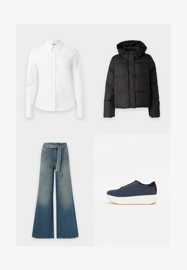 Juodas pūkinis džinsas su kapišonu, užtrauktuku priekyje, siuvinėtu raštu ir elastingais rankogaliais. Pagamintas iš lygios sintetinės medžiagos.; Balta ilga rankovė mygtukinė marškiniai, pagaminti iš medvilnės; turi klasikinį apykaklę ir priekinį mygtukų uždarymą. Lygus paviršius, standartinio kirpimo.; Platus džinsinis kelnes su šviesiai tamsiai mėlynu gradientu, aukštu juosmeniu, diržo kilpomis ir atitinkančiu audinio diržu. Textūruotas džinsinis paviršius.; Tamsiai mėlynas sportinis batelis su tekstūruotu audiniu viršuje, baltu platformos padu, apvaliu pirštu ir juodu kulno akcentu.š. Yra šešios skylės raišteliams.