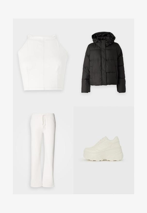 Must musterk jacket, millede, tõmbluku ees sulgemine, tikandmuster ja elastsed mansetid. Valmistatud siledast sünteetilisest materjalist.; Valge lühike halter-top õhukeste rihmadega, minimaalse õmbluse detailiga ja siledalt tekstuuriga. Lihtne, puhas disain, millel on kergelt vabam istuvus.; Valged, mugavad spordipüksid, mis on valmistatud pehmest kangast, elastse talje ja nööridega, sirgete jalgadega disainiga.; Valged platvormi tõusukingad, millel on siledast nahast meenutav pealis, ümar kuju, pehmendatud kaelus ja tekstureeritud kummitald koos selgete hüdrofoobsete mustritega.