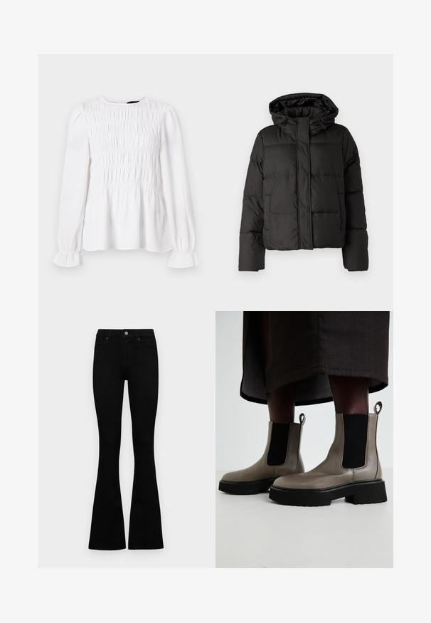 Must musterk jacket, millede, tõmbluku ees sulgemine, tikandmuster ja elastsed mansetid. Valmistatud siledast sünteetilisest materjalist.; Valge pika varrukaga topp kogutud tekstuuriga, ümmarguse kaelusega ja rippuvate äärega. Kerge kangas, mis on veidi lõtv.; Mustad kõrge vöökohtadega teksad, millel on nööp ja lukuga sulgemine, esikäe taskud ja laienevad sääred, asetatud tasasele valgele taustale.; Hallide hallukad, mis on valmistatud tekstuursest nahast, millel on elastsed külgpaneelid ja massiivne must tald. Omab tõmblukke mugavaks selga panemiseks.