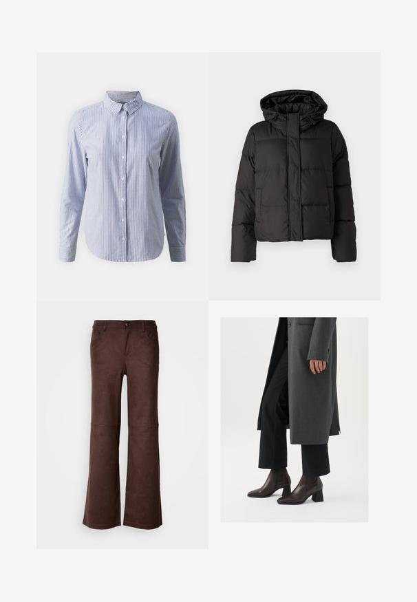 Giubbotto piumino nero con cappuccio, chiusura frontale con zip, motivo trapuntato e polsini elasticizzati. Realizzato in materiale sintetico liscio.; Camicia button-up a righe verticali blu e bianche; maniche lunghe, colletto e una texture di cotone liscia con orlo dritto.; Pantaloni a palazzo marroni in un tessuto morbido simile al suede. Presentano quattro tasche, una chiusura con bottone e una superficie liscia e testurizzata.; Stivaletti con tacco alto in pelle marrone scuro, con punta appuntita e tacco a blocco, abbinati a pantaloni neri e un cappotto grigio.