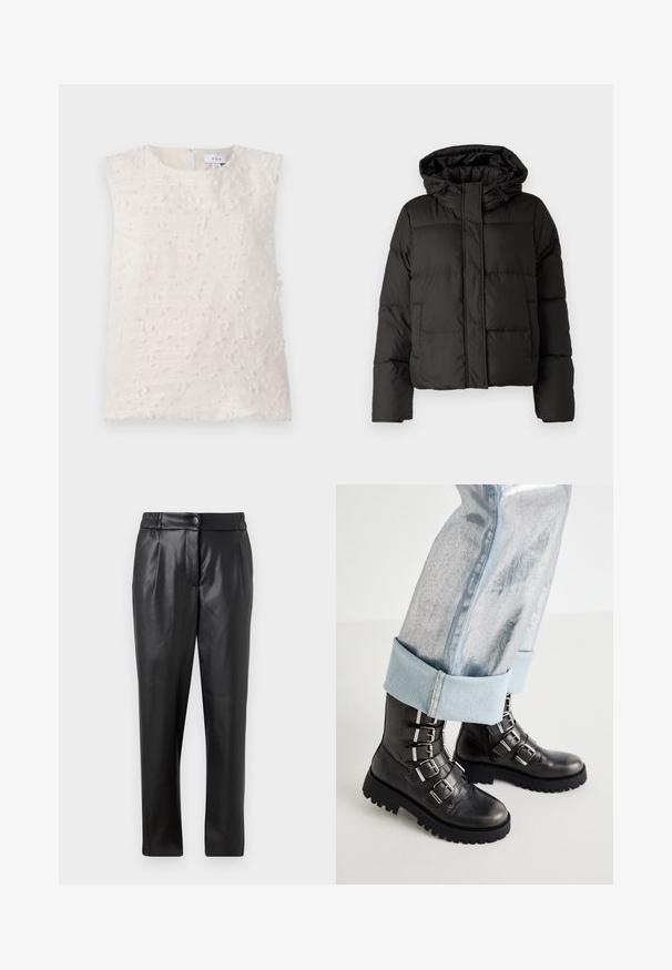 Melna pūkainā jaka ar kapuci, ar rāvējslēdzēju priekšpusei, ar izšūtu rakstu un elastīgām aprocēm. Izgatavota no gludas sintētiskas vielas.; Bez piedurknēm gaiši bēša blūze ar teksturētu virsmu, kurai ir paceltas neregulāras formas motīvi un atvērums aizmugurē. Nav redzamu detaļu.; Melni ādas bikses ar gludu tekstūru, taisnu piegriezumu, elastīgu jostasvietu un priekšējo pogu aizdari; ar krokām un sašaurinātām kājām.; Melnas ādas potītes zābaki ar pieciem sudraba sprādzes akcentiem, masīva melna zole, kopā ar sarullētām gaiši zili metalizētām džinsiem.