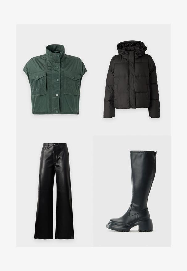 Zwarte gewatteerde jas met capuchon, ritssluiting aan de voorkant, gestikt patroon en elastische manchetten. Gemaakt van glad synthetisch materiaal.; Korte mouwen cropped jack in donker groen, gemaakt van een glanzend, gestructureerd materiaal; heeft twee voorzakken en een hoge kraag met knoopsluiting.; Zwarte high-waisted wide-leg neplederen broek met een voorste knoop, ritssluiting, riemlussen en zijzakken op een witte achtergrond.; Hoge zwarte leren laars met een chunky plateauzool en blokhak, voorzien van een trekband en een gestructureerd profiel op de buitenzool.