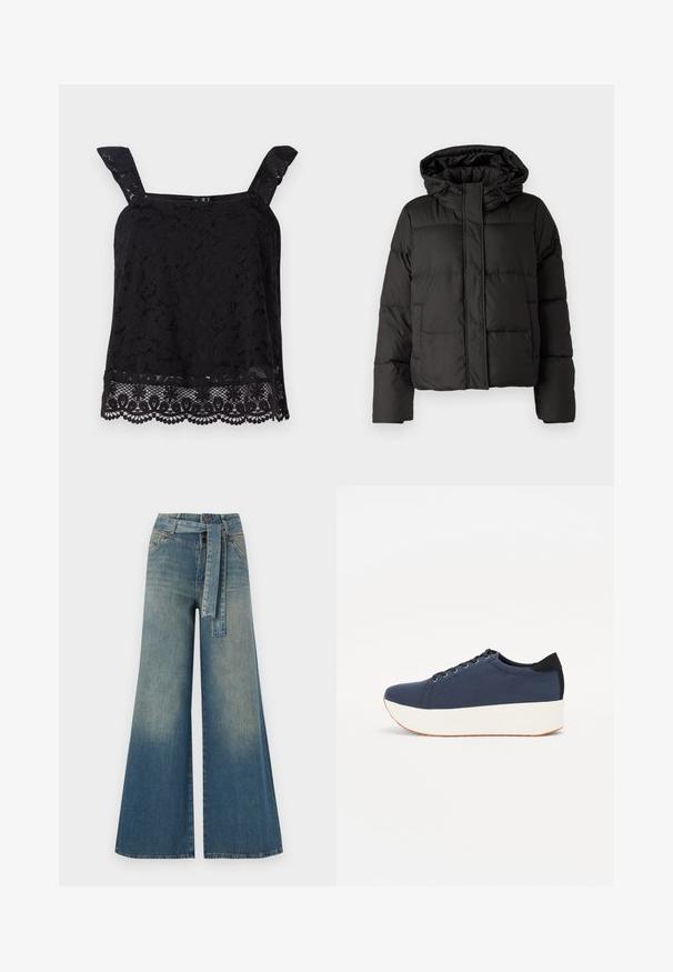 Zwarte gewatteerde jas met capuchon, ritssluiting aan de voorkant, gestikt patroon en elastische manchetten. Gemaakt van glad synthetisch materiaal.; Zwart kanten top met brede bandjes, bloemenpatroon, gegolfde zoom en textuurstof. Heeft ingewikkelde details aan de onderste rand.; Wijduitlopende denim broek met een lichte naar donkere blauwe gradient, hoge taille, riemlussen en een bijpassende stoffen riem. Gestructureerde denimafwerking.; Marineblauwe sneaker met een textuurstof bovenwerk, witte platformzool, ronde neus en zwart hakaccent. Voorzien van zes gaatjes voor veters.