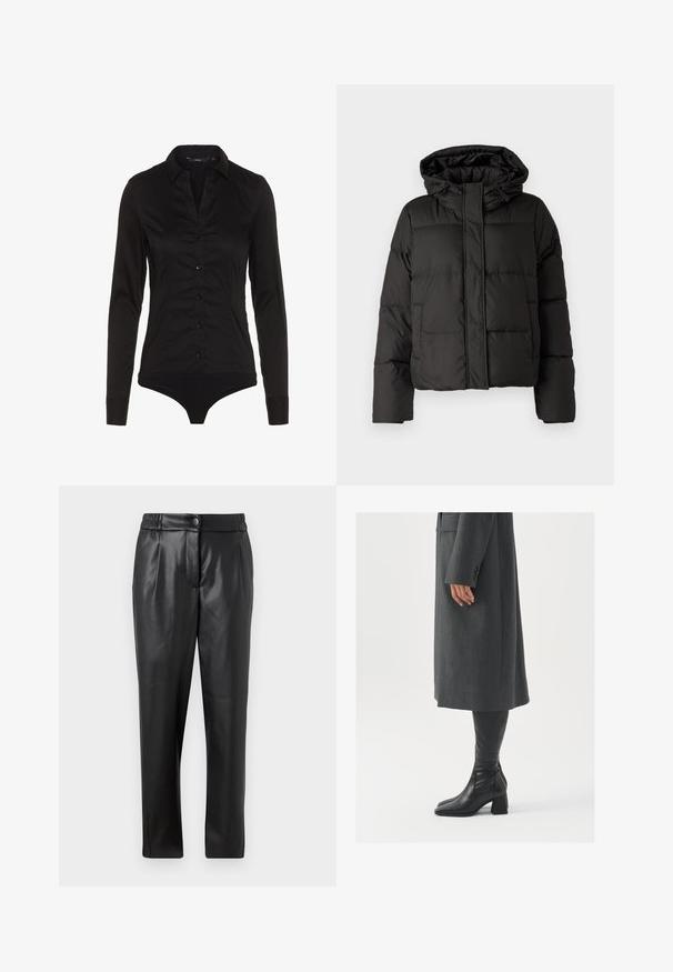 Svart pufferjakke med hette, glidelås foran, quiltet mønster og elastiske ermer. Laget av glatt syntetisk materiale.; Svart langermet bodysuit med kragehals, knappestolpe foran og figursydd design. Laget av glatt stoff med en blank finish.; Sorte skinnbukser med en glatt tekstur, rett passform, elastisk liv, og frontknappelukking; plisserte detaljer og smale ben.; Grå, skreddersydd frakk med rett snitt; kombinert med knehøye svarte lærstøvler med firkantet tå og kraftig hæl.