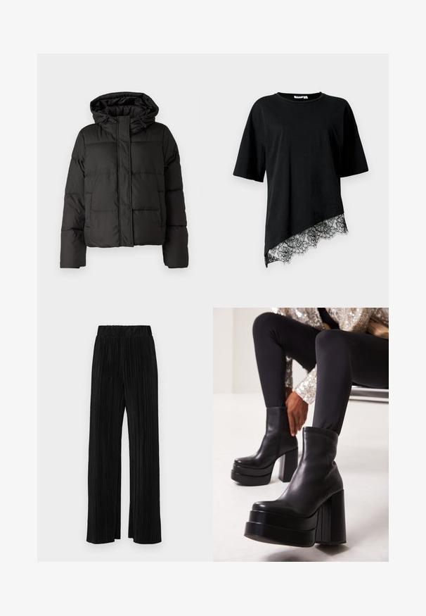 Black puffer jacket with a hood, zip front closure, quilted pattern, and elastic cuffs. Made from smooth synthetic material.; Black T-shirt with short sleeves, featuring an asymmetrical hem adorned with black lace trim. Soft fabric, casual fit.; Black pleated trousers with an elastic waistband. Features wide legs and a smooth, textured fabric with vertical stripes.; Black leather ankle boots with a high platform and block heel, featuring a smooth texture and zipper detail. Worn with black leggings.