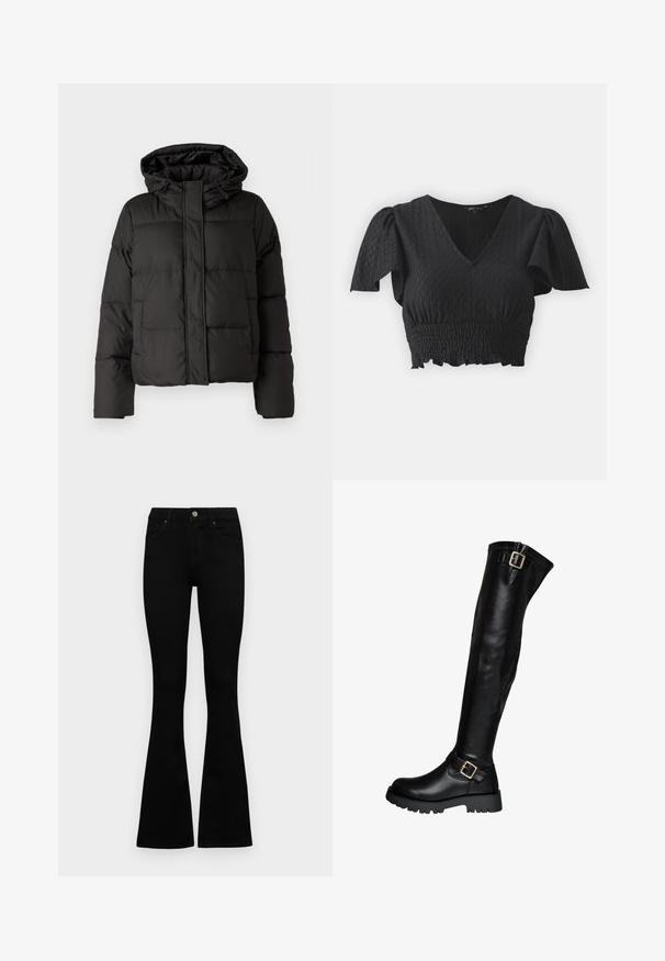 Czarna puchowa kurtka z kapturem, z zamkiem z przodu, pikowany wzór i elastyczne mankiety. Wykonana z gładkiego materiału syntetycznego.; Czarny krótki top z krótkimi bufkami, z dekoltem w kształcie V oraz teksturowanym materiałem. Posiada elastyczny pas i falbaniasty dół.; Czarne, wysokie dżinsy z guzikem i zamkiem błyskawicznym, z przednimi kieszeniami i rozszerzanymi nogawkami, leżące płasko na białym tle.; Czarny skórzany kozaki do kolan z masywną podeszwą i dwiema złotymi sprzączkami, jedną na kostce i jedną u góry.
