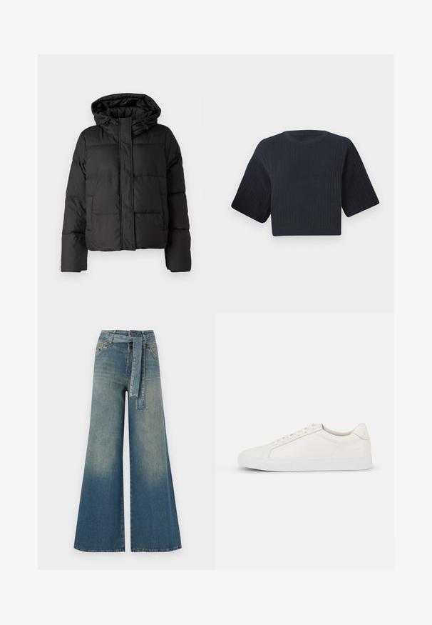 Črna puhovka s kapuco, zadrgo spredaj, prešito vzorec in elastičnimi manšetami. Narejena iz gladkega sintetičnega materiala.; Temno modri skrajšani pleteni pulover z rebrasto teksturo, kratkimi širokimi rokavi in okroglim izrezom. Preprost dizajn, brez vidnih vzorcev ali poudarkov.; Široke jeans hlače z gradientom od svetlo do temno modre, visokim pasom, zankami za pas in pasom iz istega materiala. Tekstura denim končnica.; Bela usnjena teniska z gladko teksturo, okroglim nosom, vezanjem spredaj in ravnim gumijastim podplatom. Preprost dizajn brez vzorcev ali akcentov.