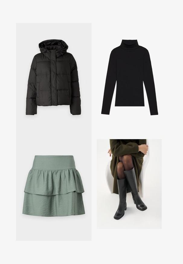 Melna pūkainā jaka ar kapuci, ar rāvējslēdzēju priekšpusei, ar izšūtu rakstu un elastīgām aprocēm. Izgatavota no gludas sintētiskas vielas.; Melnā turtlenecka garām piedurknēm augšdaļa, izgatavota no ribotas auduma, ar pieguļošu piegriezumu, augstu kakla izgriezumu un bez rakstiem vai akcentiem.; Mīksts zaļš svārks ar slāņotu dizainu un viļņotu apakšmalu, izgatavots no vieglas auduma, ar elastīgu jostasvietu komfortam.; Ceļgalu augstuma melni ādas zābaki ar kvadrātu purngalu un bloku papēdi, attēloti modelī, kurš sēž olīvu zaļā mētelī. Gluda tekstūra, minimāla apdare.