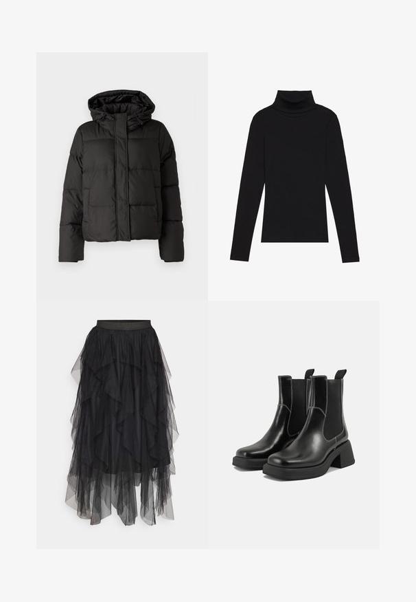 Černá péřová bunda s kapucí, zipovým zapínáním, prošívaným vzorem a elastickými manžetami. Vyrobena z hladkého syntetického materiálu.; Černý rolák s dlouhým rukávem, vyrobený z žebrované látky, má upnutý střih s vysokým výstřihem a žádné vzory ani akcenty.; Černá tylová sukně s vrstvenými volány, vybavená elastickým pasem a různou délkou. Průhledná textura zvyšuje vizuální hloubku.; Černé kožené chelsea boty s masivním podpatkem, elastickými bočními panely a kontrastním bílým prošitím. Texturovaný povrch.