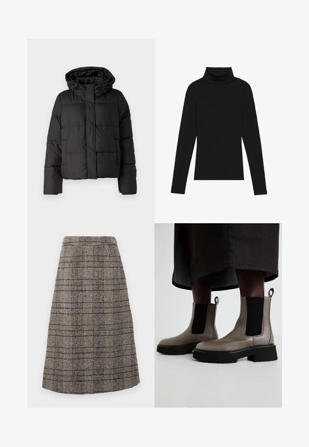 Juodas pūkinis džinsas su kapišonu, užtrauktuku priekyje, siuvinėtu raštu ir elastingais rankogaliais. Pagamintas iš lygios sintetinės medžiagos.; Juoda turtleneko ilgo rankovės viršutinė dalis, pagaminta iš raukšlėtos medžiagos, turi prigludusią formą, aukštą apykaklę ir neturi jokių raštų ar akcentų.; Vilnos mišinio pieštuko sijonas su ruda ir pilka plaidine raštu, struktūrizuotas dizainas ir tvarkinga apatinė dalis.; Pilkas kulkšninis batus, pagamintus iš tekstūruotos odos, su elastingomis šoninėmis panelėmis ir masyviu juodu padu. Yra užtrauktukai, skirti lengvam vilkimo procesui.