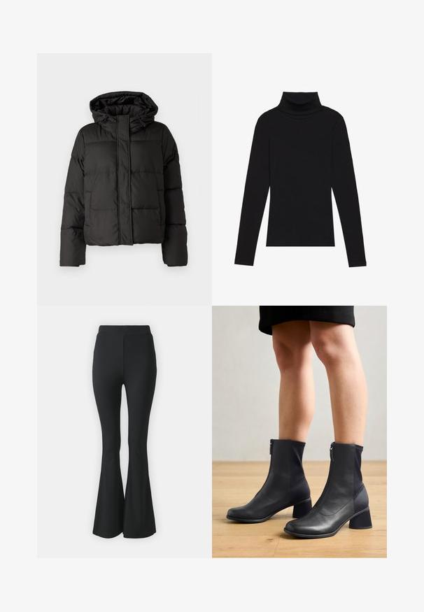 Černá péřová bunda s kapucí, zipovým zapínáním, prošívaným vzorem a elastickými manžetami. Vyrobena z hladkého syntetického materiálu.; Černý rolák s dlouhým rukávem, vyrobený z žebrované látky, má upnutý střih s vysokým výstřihem a žádné vzory ani akcenty.; Černé rozšířené kalhoty vyrobené z elastického materiálu. Mají vysoký pas a hladký, přiléhavý design, který se rozšiřuje od kolene dolů.; Černé kotníkové boty s kombinovaným materiálovým designem, který zahrnuje hladkou kůži a elastickou tkaninu, čtveratou špičku a středně vysoký blokový podpatek.
