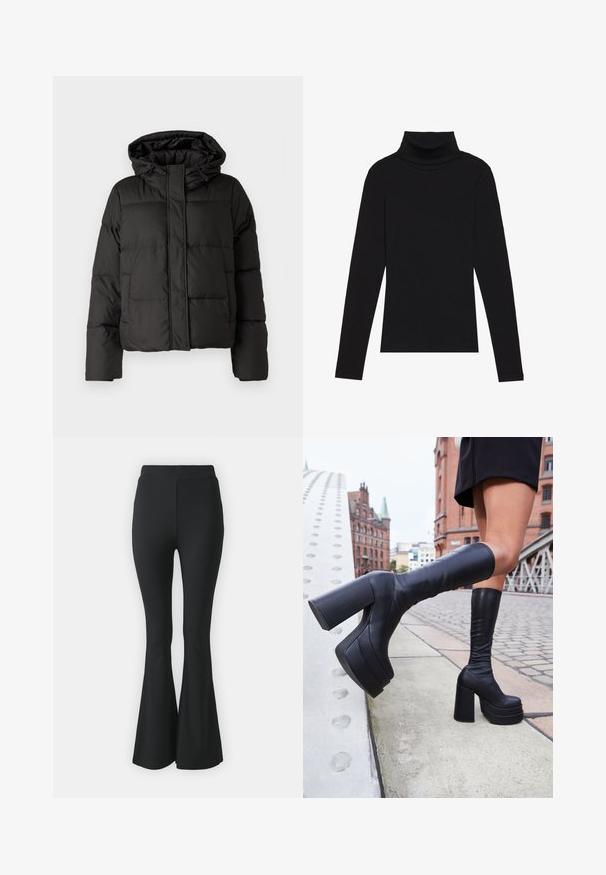 Juodas pūkinis džinsas su kapišonu, užtrauktuku priekyje, siuvinėtu raštu ir elastingais rankogaliais. Pagamintas iš lygios sintetinės medžiagos.; Juoda turtleneko ilgo rankovės viršutinė dalis, pagaminta iš raukšlėtos medžiagos, turi prigludusią formą, aukštą apykaklę ir neturi jokių raštų ar akcentų.; Juoda platės kelnės, pagamintos iš tamprios medžiagos. Turi aukštą juosmenį ir glotnią, prisitaikančią struktūrą, kuri išsiplėtė nuo kelio žemyn.; Juodi aukštakulniai bateliai iki kelių, pagaminti iš lygaus odos, su storais kvadratiniais kulnais ir elegantišku dizainu, prieš miesto fono.