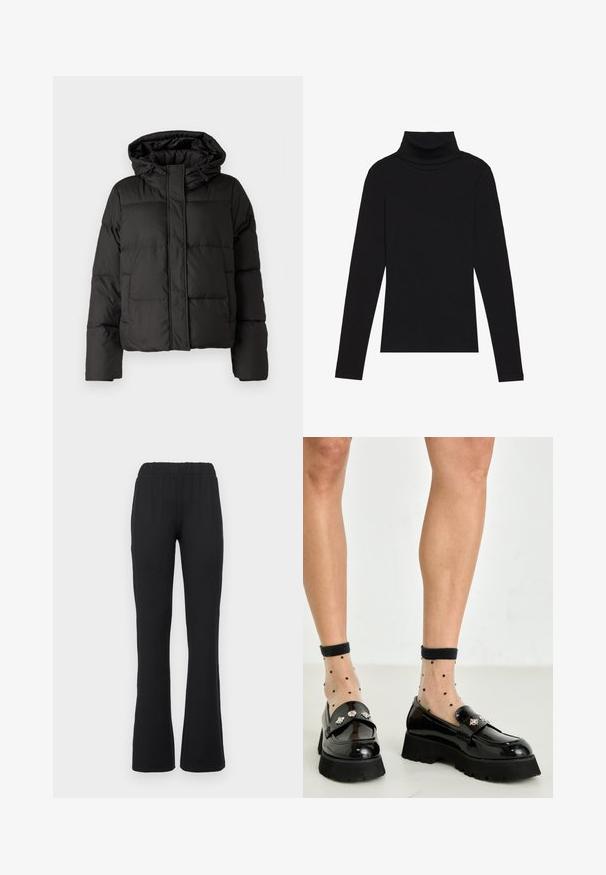 Juodas pūkinis džinsas su kapišonu, užtrauktuku priekyje, siuvinėtu raštu ir elastingais rankogaliais. Pagamintas iš lygios sintetinės medžiagos.; Juoda turtleneko ilgo rankovės viršutinė dalis, pagaminta iš raukšlėtos medžiagos, turi prigludusią formą, aukštą apykaklę ir neturi jokių raštų ar akcentų.; Juodos plačios kelnės su elastine juosta, pasižyminčios lygiomis tekstūromis ir be matomų raštų ar detalių.; Juodi patentiniai odiniai loaferiai su storu padu, dekoruoti sidabrine furnitūra. Sujungti su permatomomis kojinėmis su taškeliais iki kulkšnies.