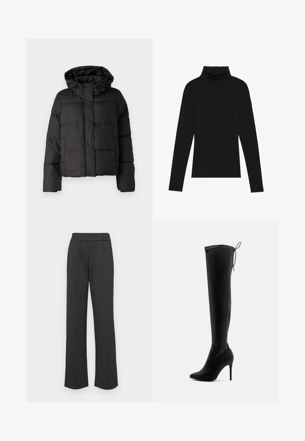 Schwarze Daunenjacke mit Kapuze, Reißverschluss auf der Vorderseite, gestepptem Muster und elastischen Bündchen. Hergestellt aus glattem Synthetikmaterial.; Schwarzes langärmeliges Turtleneck-Oberteil aus geripptem Stoff, mit einer taillierten Passform, hohem Kragen und ohne Muster oder Akzente.; Schwarze gerade geschnittene Hose mit elastischem Bund, vorderen Falten, weichem Stoff und ohne sichtbare Muster oder Hardware-Details.; Schwarze Overknee-Stiefel aus glattem, synthetischem Material, mit spitzem Zehen, hohen Stiletto-Absätzen und verstellbaren Bindebändern am oberen Ende.