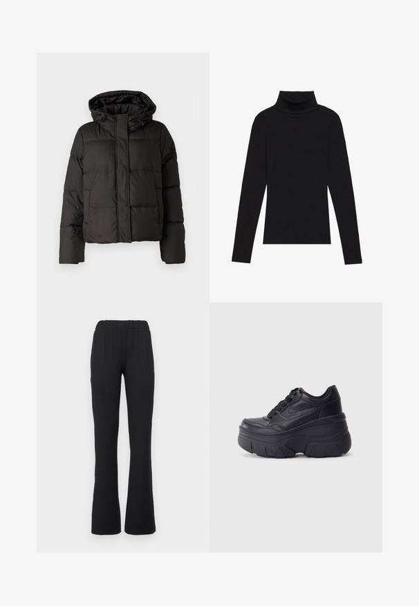 Casaco puffer preto com capuz, fecho frontal com zip e padrão acolchoado, com punhos elásticos. Feito de material sintético liso.; Top de gola alta de manga longa, preto, feito de tecido canelado, apresenta um design justo com um decote elevado e sem padrões ou detalhes.; Calças pretas de boca larga com uma cintura elástica, apresentando uma textura suave e sem padrões ou detalhes metálicos visíveis.; Ténis pretos com atacadores e sola robusta, apresentando um cabedal em couro liso, bico arredondado e um design de plataforma em camadas distinto.