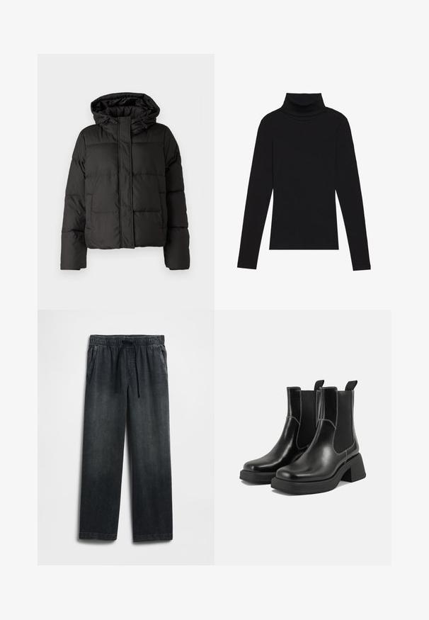Fekete puffernadrág kapucnival, elöl cipzárral záródik, steppelt mintázattal és elasztikus mandzsettákkal rendelkezik. Simább szintetikus anyagból készült.; Fekete garbónyakú, hosszú ujjú felső, bordás anyagból készült, testhez álló fazonnal, magas nyakkal, minták és díszítések nélkül.; Fekete farmernadrág rugalmas derékrésszel és húzózsinórral, bő szárú fazonnal és enyhe kopással. Két oldalzsebbel ellátva.; Fekete bőr Chelsea csizmák masszív sarkakkal, rugalmas oldalsó panelekkel és kontrasztos fehér varrással. Texturált felület.